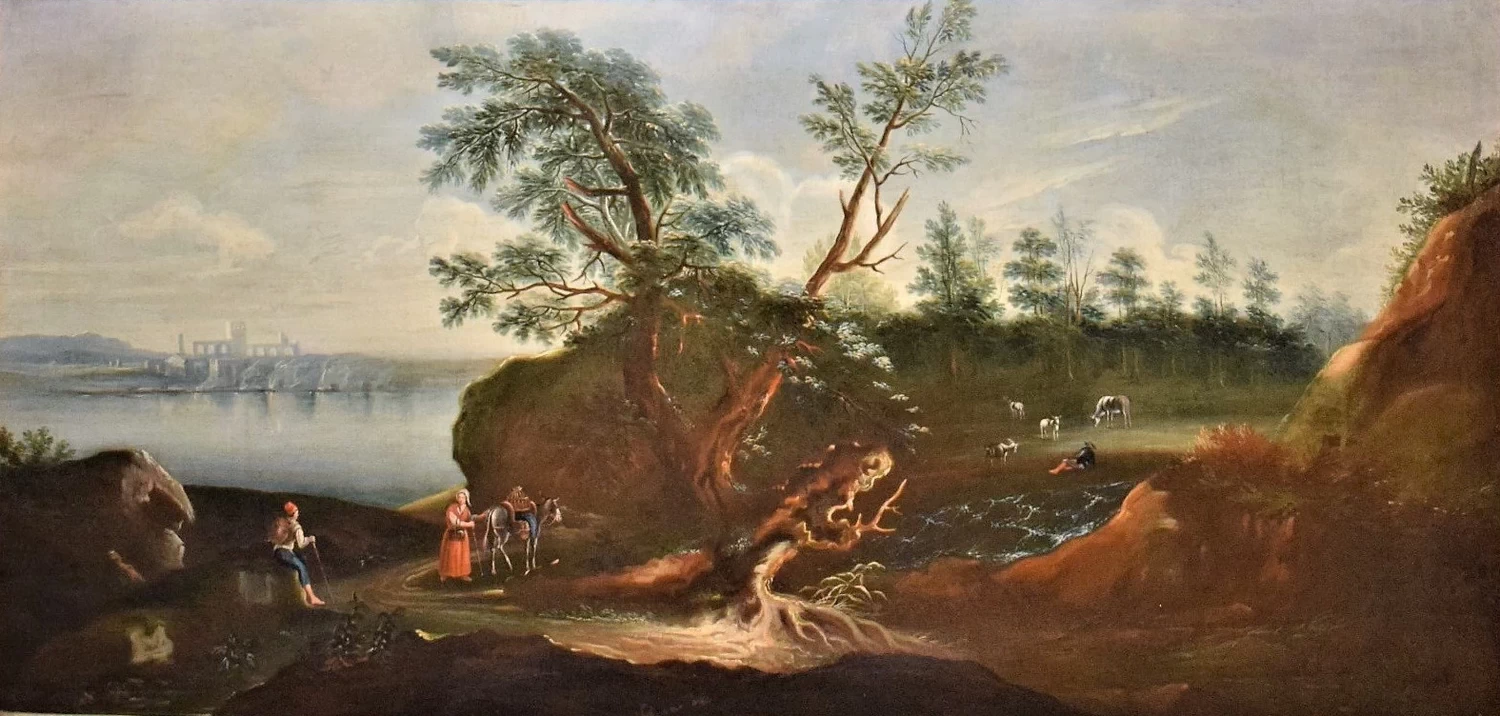 Paesaggio lacustre con rovine e personaggi